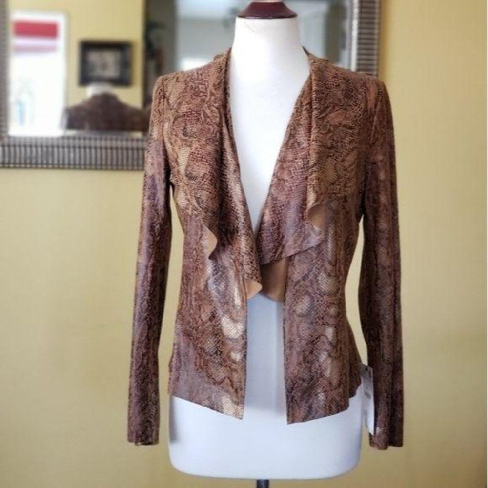 Zara Animal/Snake Print Long Sleeve Front Ruffle Collar Jacket Brown Size Small